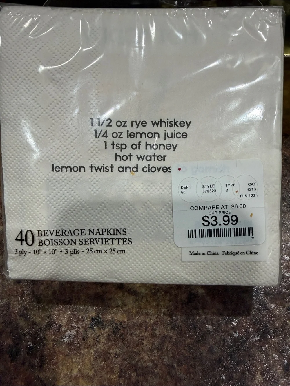 Beverage Napkins with Hot Toddy Recipe Print